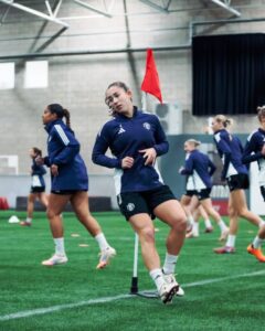 MANCHESTER, ENGLAND - NOVEMBER 14: (EXCLUSIVE COVERAGE) Maya Le Tissier of Manchester United Women in action during a training session at Carrington Training Ground on November 14, 2025 in Manchester, England.  (Photo by Poppy Townson - MUFC/Manchester United via Getty Images)