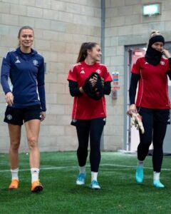 MANCHESTER, ENGLAND - NOVEMBER 14: (EXCLUSIVE COVERAGE) Fridolina Rolfo, Safia Middleton-Patel, Kayla Rendell of Manchester United Women in action during a training session at Carrington Training Ground on November 14, 2025 in Manchester, England.  (Photo by Poppy Townson - MUFC/Manchester United via Getty Images)