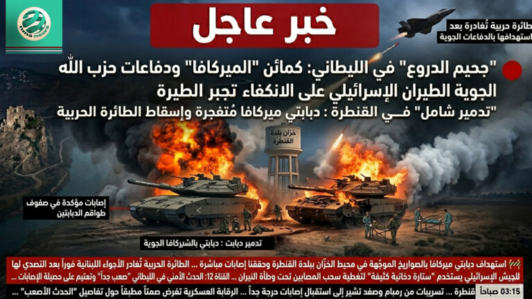 [خاص بالعمق] – “جحيم الدروع” في الليطاني: كمائن “الميركافا”ودفاعات حزب الله الجوية تجبر الطيران الإسرائيلي على الانكفاء وسط استنفار طبي باللون الأحمر