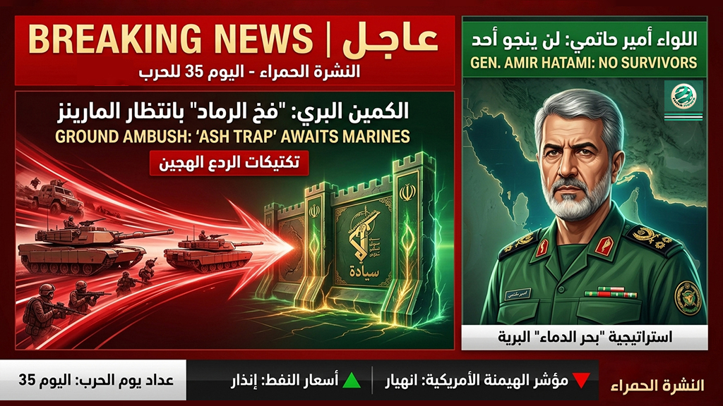 🚨 النشرة الحمراء : “فخُّ الرماد.. هيروشيما برية بانتظار المارينز على تخوم السيادة” ⚠️ (البيان الختامي لليوم الـ 35: قادة المحاور يعلنون استراتيجية “بحر الدماء” والنصر النهائي)