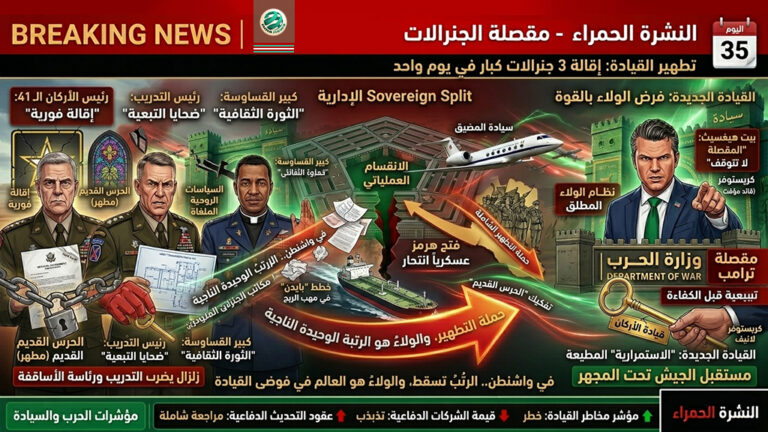🚨 النشرة الحمراء: “مقصلةُ هيغسيث تتوسع.. إطاحةُ برؤوس ‘التدريب’ و’الكنيسة’ في الجيش، والبنتاغون يتحول لثكنة ولاء مطلق” ⚠️ (تقرير التطهير العسكري: اليوم 35 للحرب – زلزال يضرب قيادة التدريب ورئاسة الأساقفة في ذروة الصدام مع إيران)