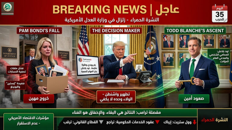 🚨النشرة الحمراء: “مقصلةُ الولاء.. ترامب يطيح بـ ‘بام بوندي’ ويُسلمُ مفاتيح العدل لمحاميه الشخصي” ⚠️ (تحليل استراتيجي: زلزال في “العدل” الأمريكية – تفكيك سقوط القطعة الثانية في اليوم الـ 35)