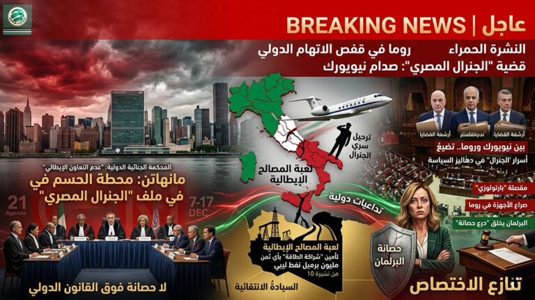 🚨 النشرة الحمراء : “روما في قفصِ الاتهام.. ‘قضية المصري’ تُشعلُ مواجهةً كبرى بين إيطاليا والمحكمة الدولية” ⚠️ (تقرير استراتيجي: اليوم 35 للحرب – تدويل أزمة ترحيل الجنرال الليبي وصراع الأجهزة في روما)